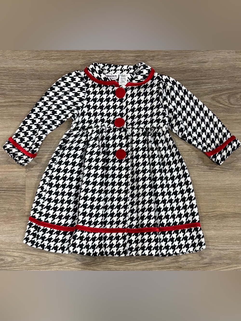 Kids Houndstooth Dress with Red Trim and Buttons 24 months